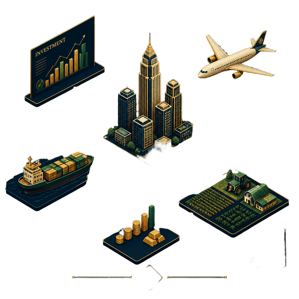 Illustration of a global business network spanning real estate, aviation, shipping, agriculture and investments